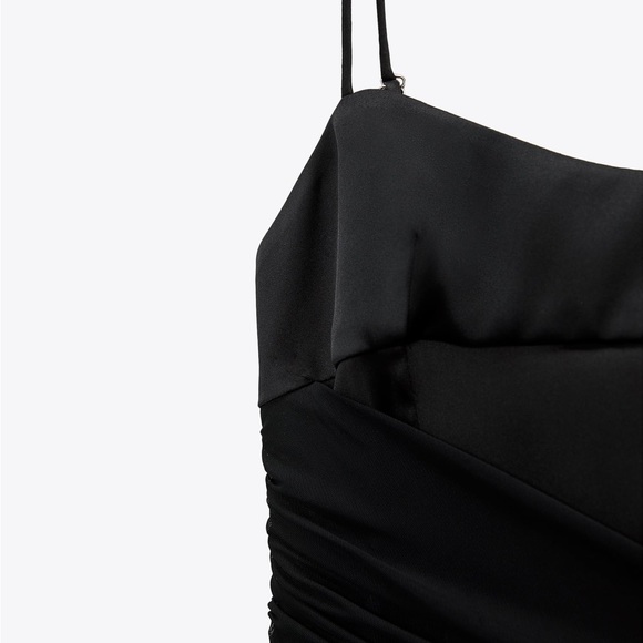 Satin Effect Ruched Corset Little Black Dress Mini Party Night Out - Picture 8 of 9